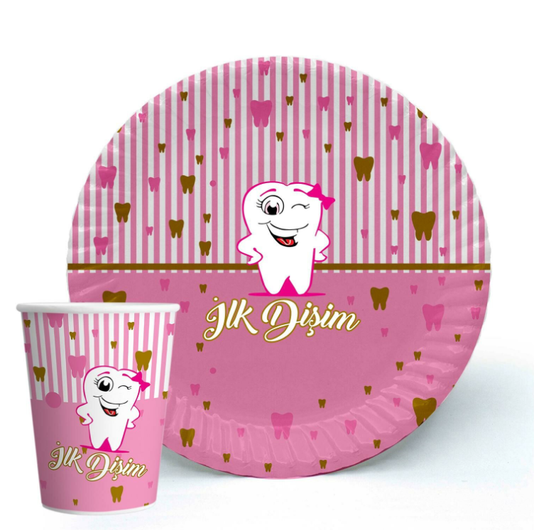 Diş Pembe Karton Tabak Bardak (8 adet)